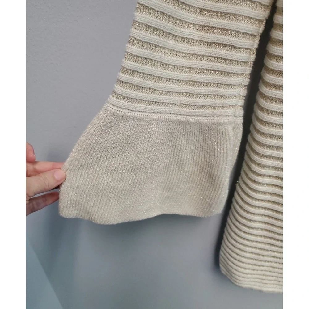 Chicos Women's Size 1 (M-8) Ivory Gold Metallic Bell Sleeve Striped Knit Sweater